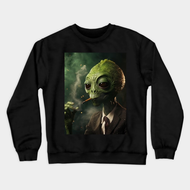 Green Alien Smoking a Cigar Crewneck Sweatshirt by Maverick Media